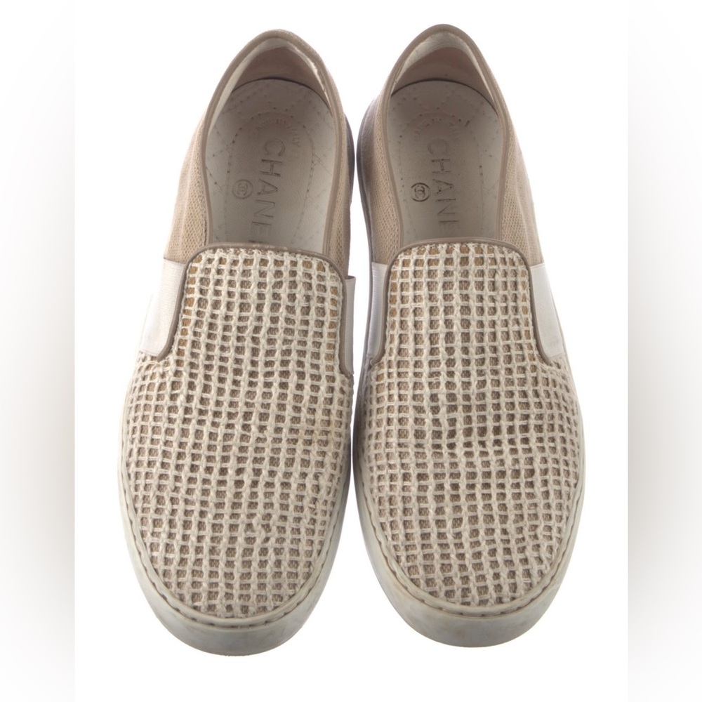 Chanel Crochet Trim Beige White Slip On Sneakers 36.5